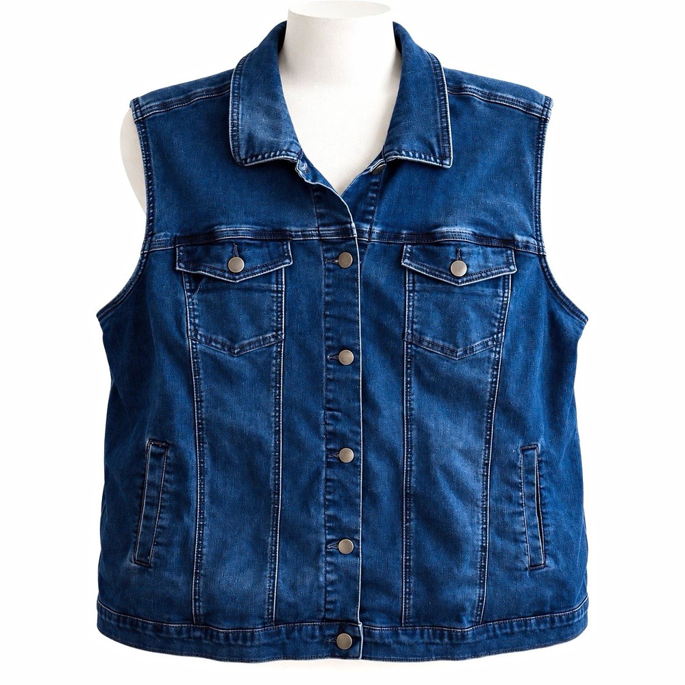 Blair Women Plus 2XL Blue Denim Vest Sleeveless Button Front Pockets Stretch[A4F